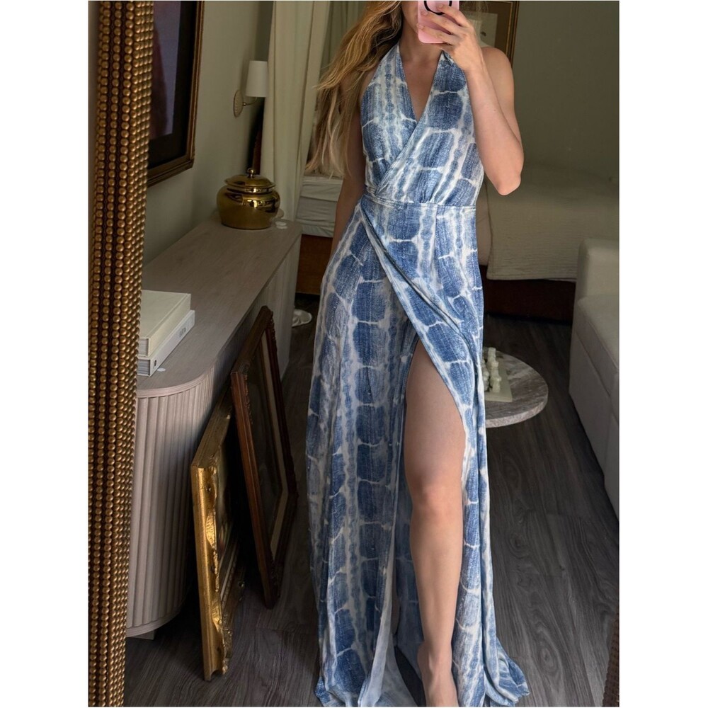 Blue Tie Dye Halter Maxi Dress Open Back Slit Resort Vacation Coastal Beach M